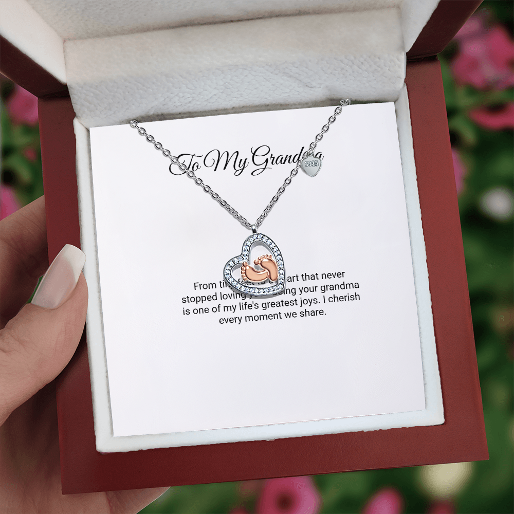 To My Grandma Necklace - Baby Feet Heart with Message Card, Gift for Grandma